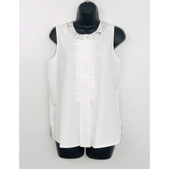 Karl Lagerfeld Paris Embroidered Tuxedo Ruffle Blouse, S - Picture 1 of 13
